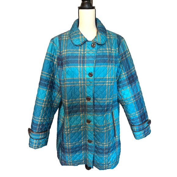 Lands’ End Jackets & Blazers - Lands End Plaid Quilted Turquoise Insulated Jacket Faux Leather Trims 1X